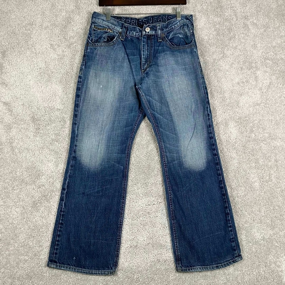 Express Rocco Slim Fit Low Rise Boot Cut Studded Blue Jeans Mens 34x30 Dark Wash